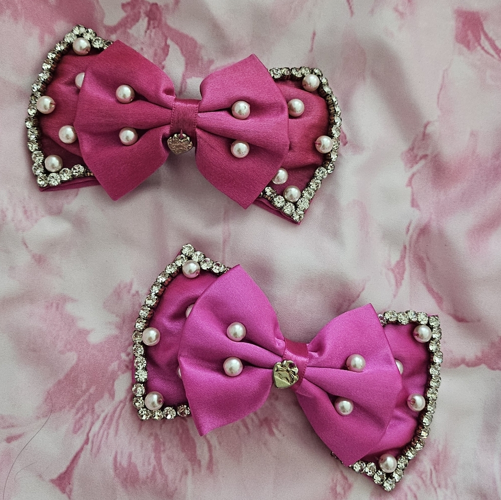 Ma*rs Agejo Gyaru Hot Pink Pearl And Rhinestone Satin Oversize Bow Barette 2 Set